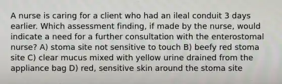 A nurse is caring for a client who had an ileal conduit 3 days earlier. Which assessment finding, if made by the nurse, would indicate a need for a further consultation with the enterostomal nurse? A) stoma site not sensitive to touch B) beefy red stoma site C) clear mucus mixed with yellow urine drained from the appliance bag D) red, sensitive skin around the stoma site