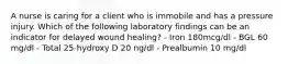 A nurse is caring for a client who is immobile and has a pressure injury. Which of the following laboratory findings can be an indicator for delayed wound healing? - Iron 180mcg/dl - BGL 60 mg/dl - Total 25-hydroxy D 20 ng/dl - Prealbumin 10 mg/dl