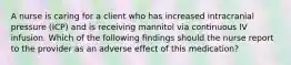 A nurse is caring for a client who has increased intracranial pressure (ICP) and is receiving mannitol via continuous IV infusion. Which of the following findings should the nurse report to the provider as an adverse effect of this medication?