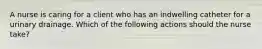 A nurse is caring for a client who has an indwelling catheter for a urinary drainage. Which of the following actions should the nurse take?