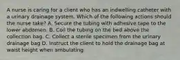 A nurse is caring for a client who has an indwelling catheter with a urinary drainage system. Which of the following actions should the nurse take? A. Secure the tubing with adhesive tape to the lower abdomen. B. Coil the tubing on the bed above the collection bag. C. Collect a sterile specimen from the urinary drainage bag D. Instruct the client to hold the drainage bag at waist height when ambulating