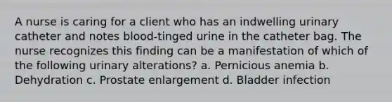 A nurse is caring for a client who has an indwelling urinary catheter and notes blood-tinged urine in the catheter bag. The nurse recognizes this finding can be a manifestation of which of the following urinary alterations? a. Pernicious anemia b. Dehydration c. Prostate enlargement d. Bladder infection