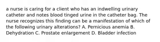 a nurse is caring for a client who has an indwelling urinary catheter and notes blood tinged urine in the catheter bag. The nurse recognizes this finding can be a manifestation of which of the following urinary alterations? A. Pernicious anemia B. Dehydration C. Prostate enlargement D. Bladder infection