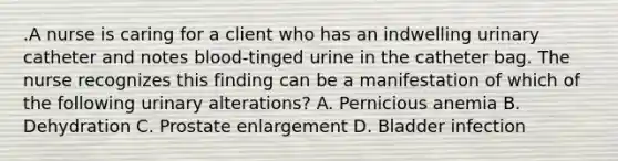 .A nurse is caring for a client who has an indwelling urinary catheter and notes blood-tinged urine in the catheter bag. The nurse recognizes this finding can be a manifestation of which of the following urinary alterations? A. Pernicious anemia B. Dehydration C. Prostate enlargement D. Bladder infection