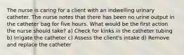 The nurse is caring for a client with an indwelling urinary catheter. The nurse notes that there has been no urine output in the catheter bag for five hours. What would be the first action the nurse should take? a) Check for kinks in the catheter tubing b) Irrigate the catheter c) Assess the client's intake d) Remove and replace the catheter