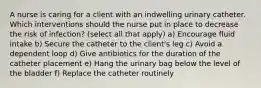 A nurse is caring for a client with an indwelling urinary catheter. Which interventions should the nurse put in place to decrease the risk of infection? (select all that apply) a) Encourage fluid intake b) Secure the catheter to the client's leg c) Avoid a dependent loop d) Give antibiotics for the duration of the catheter placement e) Hang the urinary bag below the level of the bladder f) Replace the catheter routinely