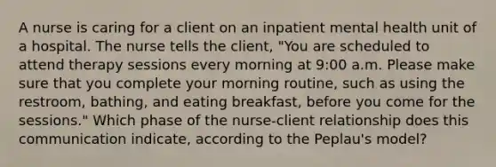 A nurse is caring for a client on an inpatient mental health unit of a hospital. The nurse tells the client, "You are scheduled to attend therapy sessions every morning at 9:00 a.m. Please make sure that you complete your morning routine, such as using the restroom, bathing, and eating breakfast, before you come for the sessions." Which phase of the nurse-client relationship does this communication indicate, according to the Peplau's model?