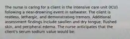 The nurse is caring for a client in the intensive care unit (ICU) following a near-drowning event in saltwater. The client is restless, lethargic, and demonstrating tremors. Additional assessment findings include swollen and dry tongue, flushed skin, and peripheral edema. The nurse anticipates that the client's serum sodium value would be: