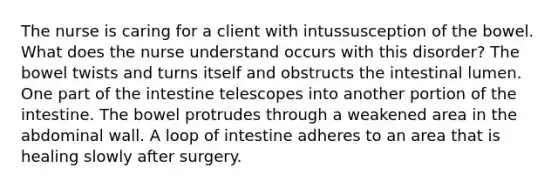 The nurse is caring for a client with intussusception of the bowel. What does the nurse understand occurs with this disorder? The bowel twists and turns itself and obstructs the intestinal lumen. One part of the intestine telescopes into another portion of the intestine. The bowel protrudes through a weakened area in the abdominal wall. A loop of intestine adheres to an area that is healing slowly after surgery.