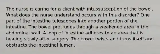 The nurse is caring for a client with intussusception of the bowel. What does the nurse understand occurs with this disorder? One part of the intestine telescopes into another portion of the intestine. The bowel protrudes through a weakened area in the abdominal wall. A loop of intestine adheres to an area that is healing slowly after surgery. The bowel twists and turns itself and obstructs the intestinal lumen.