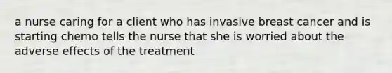 a nurse caring for a client who has invasive breast cancer and is starting chemo tells the nurse that she is worried about the adverse effects of the treatment