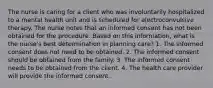 The nurse is caring for a client who was involuntarily hospitalized to a mental health unit and is scheduled for electroconvulsive therapy. The nurse notes that an informed consent has not been obtained for the procedure. Based on this information, what is the nurse's best determination in planning care? 1. The informed consent does not need to be obtained. 2. The informed consent should be obtained from the family. 3. The informed consent needs to be obtained from the client. 4. The health care provider will provide the informed consent.