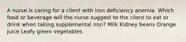 A nurse is caring for a client with iron deficiency anemia. Which food or beverage will the nurse suggest to the client to eat or drink when taking supplemental iron? Milk Kidney beans Orange juice Leafy green vegetables