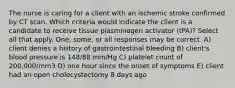 The nurse is caring for a client with an ischemic stroke confirmed by CT scan. Which criteria would indicate the client is a candidate to receive tissue plasminogen activator (tPA)? Select all that apply. One, some, or all responses may be correct. A) client denies a history of gastrointestinal bleeding B) client's blood pressure is 148/88 mm/Hg C) platelet count of 200,000/mm3 D) one hour since the onset of symptoms E) client had an open cholecystectomy 8 days ago