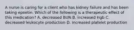A nurse is caring for a client who has kidney failure and has been taking epoetin. Which of the following is a therapeutic effect of this medication? A. decreased BUN B. increased Hgb C. decreased leukocyte production D. increased platelet production