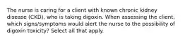 The nurse is caring for a client with known chronic kidney disease (CKD), who is taking digoxin. When assessing the client, which signs/symptoms would alert the nurse to the possibility of digoxin toxicity? Select all that apply.