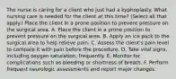 The nurse is caring for a client who just had a kyphoplasty. What nursing care is needed for the client at this time? (Select all that apply.) Place the client in a prone position to prevent pressure on the surgical area. A. Place the client in a prone position to prevent pressure on the surgical area. B. Apply an ice pack to the surgical area to help relieve pain. C. Assess the client's pain level to compare it with pain before the procedure. D. Take vital signs, including oxygen saturation, frequently. E. Monitor for complications such as bleeding or shortness of breath. F. Perform frequent neurologic assessments and report major changes.