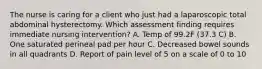 The nurse is caring for a client who just had a laparoscopic total abdominal hysterectomy. Which assessment finding requires immediate nursing intervention? A. Temp of 99.2F (37.3 C) B. One saturated perineal pad per hour C. Decreased bowel sounds in all quadrants D. Report of pain level of 5 on a scale of 0 to 10