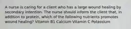 A nurse is caring for a client who has a large wound healing by secondary intention. The nurse should inform the client that, in addition to protein, which of the following nutrients promotes wound healing? Vitamin B1 Calcium Vitamin C Potassium