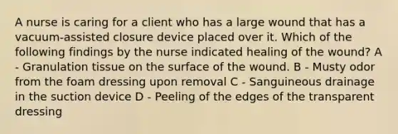 A nurse is caring for a client who has a large wound that has a vacuum-assisted closure device placed over it. Which of the following findings by the nurse indicated healing of the wound? A - Granulation tissue on the surface of the wound. B - Musty odor from the foam dressing upon removal C - Sanguineous drainage in the suction device D - Peeling of the edges of the transparent dressing