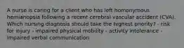 A nurse is caring for a client who has left homonymous hemianopsia following a recent cerebral vascular accident (CVA). Which nursing diagnosis should take the highest priority? - risk for injury - impaired physical mobility - activity intolerance - impaired verbal communication