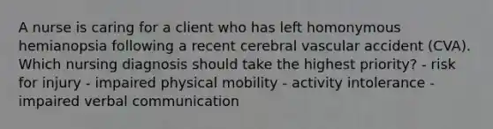 A nurse is caring for a client who has left homonymous hemianopsia following a recent cerebral vascular accident (CVA). Which nursing diagnosis should take the highest priority? - risk for injury - impaired physical mobility - activity intolerance - impaired verbal communication