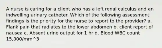 A nurse is caring for a client who has a left renal calculus and an indwelling urinary catheter. Which of the following assessment findings is the priority for the nurse to report to the provider? a. Flank pain that radiates to the lower abdomen b. client report of nausea c. Absent urine output for 1 hr d. Blood WBC count 15,000/mm^3