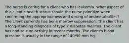 The nurse is caring for a client who has leukemia. What aspect of this client's health status should the nurse prioritize when confirming the appropriateness and dosing of antimetabolites? The client currently has bone marrow suppression. The client has a long-standing diagnosis of type 2 diabetes mellitus. The client has had seizure activity in recent months. The client's blood pressure is usually in the range of 140/90 mm Hg.