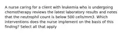 A nurse caring for a client with leukemia who is undergoing chemotherapy reviews the latest laboratory results and notes that the neutrophil count is below 500 cells/mm3. Which interventions does the nurse implement on the basis of this finding? Select all that apply