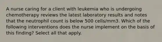 A nurse caring for a client with leukemia who is undergoing chemotherapy reviews the latest laboratory results and notes that the neutrophil count is below 500 cells/mm3. Which of the following interventions does the nurse implement on the basis of this finding? Select all that apply.