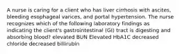 A nurse is caring for a client who has liver cirrhosis with ascites, bleeding esophageal varices, and portal hypertension. The nurse recognizes which of the following laboratory findings as indicating the client's gastrointestinal (GI) tract is digesting and absorbing blood? elevated BUN Elevated HbA1C decreased chloride decreased billirubin