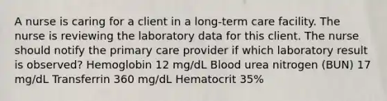 A nurse is caring for a client in a long-term care facility. The nurse is reviewing the laboratory data for this client. The nurse should notify the primary care provider if which laboratory result is observed? Hemoglobin 12 mg/dL Blood urea nitrogen (BUN) 17 mg/dL Transferrin 360 mg/dL Hematocrit 35%