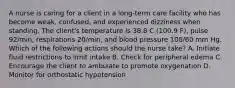 A nurse is caring for a client in a long-term care facility who has become weak, confused, and experienced dizziness when standing. The client's temperature is 38.8 C (100.9 F), pulse 92/min, respirations 20/min, and blood pressure 108/60 mm Hg. Which of the following actions should the nurse take? A. Initiate fluid restrictions to limit intake B. Check for peripheral edema C. Encourage the client to ambulate to promote oxygenation D. Monitor for orthostatic hypotension