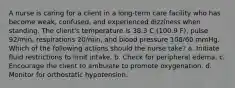 A nurse is caring for a client in a long-term care facility who has become weak, confused, and experienced dizziness when standing. The client's temperature is 38.3 C (100.9 F), pulse 92/min, respirations 20/min, and blood pressure 108/60 mmHg. Which of the following actions should the nurse take? a. Initiate fluid restrictions to limit intake. b. Check for peripheral edema. c. Encourage the client to ambulate to promote oxygenation. d. Monitor for orthostatic hypotension.