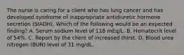 The nurse is caring for a client who has lung cancer and has developed syndrome of inappropriate antidiuretic hormone secretion (SIADH). Which of the following would be an expected finding? A. Serum sodium level of 118 mEq/L. B. Hematocrit level of 54%. C. Report by the client of increased thirst. D. Blood urea nitrogen (BUN) level of 31 mg/dL.