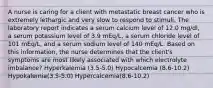 A nurse is caring for a client with metastatic breast cancer who is extremely lethargic and very slow to respond to stimuli. The laboratory report indicates a serum calcium level of 12.0 mg/dl, a serum potassium level of 3.9 mEq/L, a serum chloride level of 101 mEq/L, and a serum sodium level of 140 mEq/L. Based on this information, the nurse determines that the client's symptoms are most likely associated with which electrolyte imbalance? Hyperkalemia (3.5-5.0) Hypocalcemia (8.6-10.2) Hypokalemia(3.5-5.0) Hypercalcemia(8.6-10.2)