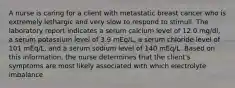 A nurse is caring for a client with metastatic breast cancer who is extremely lethargic and very slow to respond to stimuli. The laboratory report indicates a serum calcium level of 12.0 mg/dl, a serum potassium level of 3.9 mEq/L, a serum chloride level of 101 mEq/L, and a serum sodium level of 140 mEq/L. Based on this information, the nurse determines that the client's symptoms are most likely associated with which electrolyte imbalance