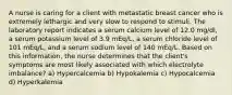 A nurse is caring for a client with metastatic breast cancer who is extremely lethargic and very slow to respond to stimuli. The laboratory report indicates a serum calcium level of 12.0 mg/dl, a serum potassium level of 3.9 mEq/L, a serum chloride level of 101 mEq/L, and a serum sodium level of 140 mEq/L. Based on this information, the nurse determines that the client's symptoms are most likely associated with which electrolyte imbalance? a) Hypercalcemia b) Hypokalemia c) Hypocalcemia d) Hyperkalemia