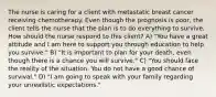 The nurse is caring for a client with metastatic breast cancer receiving chemotherapy. Even though the prognosis is poor, the client tells the nurse that the plan is to do everything to survive. How should the nurse respond to this client? A) "You have a great attitude and I am here to support you through education to help you survive." B) "It is important to plan for your death, even though there is a chance you will survive." C) "You should face the reality of the situation. You do not have a good chance of survival." D) "I am going to speak with your family regarding your unrealistic expectations."