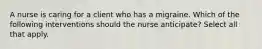 A nurse is caring for a client who has a migraine. Which of the following interventions should the nurse anticipate? Select all that apply.