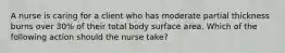 A nurse is caring for a client who has moderate partial thickness burns over 30% of their total body surface area. Which of the following action should the nurse take?