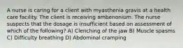 A nurse is caring for a client with myasthenia gravis at a health care facility. The client is receiving ambenonium. The nurse suspects that the dosage is insufficient based on assessment of which of the following? A) Clenching of the jaw B) Muscle spasms C) Difficulty breathing D) Abdominal cramping