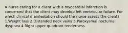 A nurse caring for a client with a myocardial infarction is concerned that the client may develop left ventricular failure. For which clinical manifestation should the nurse assess the client? 1.Weight loss 2.Distended neck veins 3.Paroxysmal nocturnal dyspnea 4.Right upper quadrant tenderness