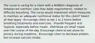 The nurse is caring for a client with a NANDA-I diagnosis of Imbalanced nutrition: Less than body requirements, related to difficulty breathing. The nurse would implement which measures to maintain an adequate nutritional status for this client? Select all that apply. -Encourage client to eat 1 to 2 hours before breathing treatments and exercises. -Provide frequent oral hygiene, especially before meals. -Distribute six small meals over the course of the day. Encourage client to eat alone for privacy during mealtime. -Encourage client to decrease protein, but increase calcium intake.