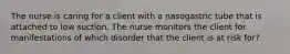 The nurse is caring for a client with a nasogastric tube that is attached to low suction. The nurse monitors the client for manifestations of which disorder that the client is at risk for?