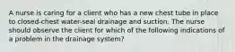 A nurse is caring for a client who has a new chest tube in place to closed-chest water-seal drainage and suction. The nurse should observe the client for which of the following indications of a problem in the drainage system?