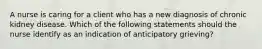 A nurse is caring for a client who has a new diagnosis of chronic kidney disease. Which of the following statements should the nurse identify as an indication of anticipatory grieving?