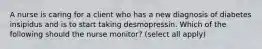 A nurse is caring for a client who has a new diagnosis of diabetes insipidus and is to start taking desmopressin. Which of the following should the nurse monitor? (select all apply)