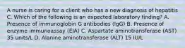 A nurse is caring for a client who has a new diagnosis of hepatitis C. Which of the following is an expected laboratory finding? A. Presence of immunoglobin G antibodies (IgG) B. Presence of enzyme immunoassay (EIA) C. Aspartate aminotransferase (AST) 35 units/L D. Alanine aminotransferase (ALT) 15 IU/L