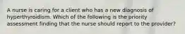 A nurse is caring for a client who has a new diagnosis of hyperthyroidism. Which of the following is the priority assessment finding that the nurse should report to the provider?